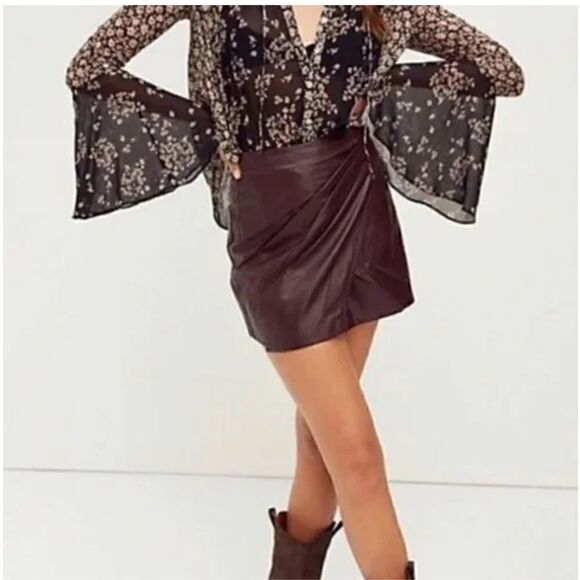 Free People Womens Fake Out Faux Leather Wrap Skirt in Oxblood - Picture 3 of 6